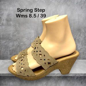 Spring Step Womens Tan Leather Floral Strap Slip On Platform Wedge Size 8.5/39 M